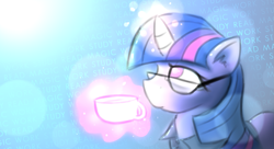 Size: 2449x1333 | Tagged: safe, artist:taps, twilight sparkle, pony, unicorn, g4, clothes, cup, female, glasses, glowing, glowing horn, horn, levitation, looking up, magic, mare, solo, telekinesis, unicorn twilight