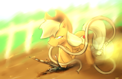 Size: 3000x1941 | Tagged: safe, artist:taps, applejack, earth pony, pony, g4, female, high res, lasso, lidded eyes, mare, mouth hold, mud, rope, running, smiling, solo