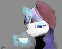 Size: 1280x1024 | Tagged: safe, artist:taps, rarity, pony, unicorn, g4, beatnik rarity, beret, bust, clothes, cup, female, gray background, grin, hat, levitation, magic, mare, portrait, simple background, smiling, solo, sweater, telekinesis