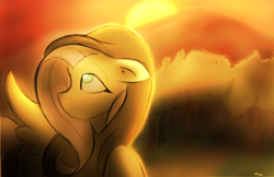 Size: 3000x1941 | Tagged: safe, artist:taps, fluttershy, pegasus, pony, g4, clothes, female, floppy ears, high res, hoodie, looking up, mare, raised hoof, solo, sunset, turned head