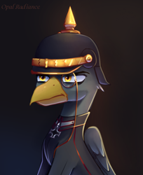Size: 2204x2702 | Tagged: safe, artist:opal_radiance, king guto, griffon, equestria at war mod, eyebrows, folded wings, gradient background, helmet, high res, male, pickelhaube, signature, solo, wings