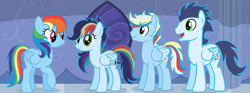 Size: 750x278 | Tagged: safe, artist:rinfrost1, rainbow dash, soarin', oc, oc:cloud, oc:lightning storm, pegasus, pony, g4, female, male, mare, offspring, parent:rainbow dash, parent:soarin', parents:soarindash, ship:soarindash, shipping, stallion, straight