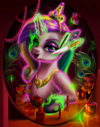 Size: 2830x3570 | Tagged: safe, artist:polnocnykot, princess cadance, queen chrysalis, shining armor, alicorn, caterpillar, changeling, changeling queen, pony, venus flytrap, worm, g4, apple, candle, chest fluff, cosmetics, crown, detailed, fake cadance, feather, female, fire, flower, food, glowing, glowing eyes, glowing horn, gradient background, high res, horn, jewelry, knife, lipstick, looking at something, makeup, mare, mirror, multicolored hair, multicolored mane, necklace, open mouth, open smile, peacock feathers, pearl necklace, perfume, photo, photography, reflection, regalia, shapeshifting, smiling, solo, spider web, transformation