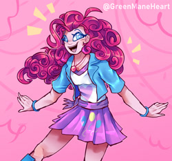 Size: 1920x1791 | Tagged: safe, artist:greenmaneheart, pinkie pie, human, equestria girls, g4, abstract background, clothes, emanata, female, open mouth, open smile, smiling, solo