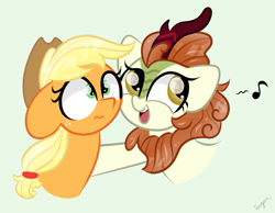 Size: 921x713 | Tagged: safe, artist:sugarcloud12, applejack, autumn blaze, earth pony, kirin, pony, g4, duo, music notes