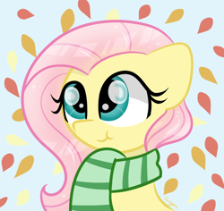 Size: 716x676 | Tagged: safe, artist:sugarcloud12, fluttershy, pony, g4, bust, clothes, leaves, portrait, scarf, solo, striped scarf