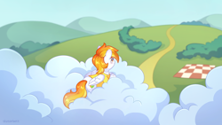 Size: 2560x1440 | Tagged: safe, artist:skysorbett, oc, oc only, oc:firepit home, pegasus, pony, bush, clothes, cloud, commission, female, hill, lying down, lying on a cloud, mare, on a cloud, picnic blanket, road, sky, solo, wallpaper