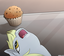 Size: 2231x1953 | Tagged: safe, artist:andaluce, derpy hooves, pegasus, pony, g4, behaving like a dog, ear fluff, female, food, glass, mare, meme, muffin, open mouth, ponified animal photo, silly, solo