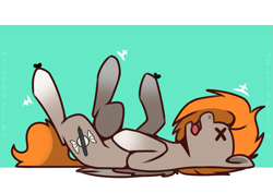 Size: 1199x848 | Tagged: safe, artist:jellysketch, oc, oc only, oc:carmel, pegasus, pony, hooves in air, lying down, on back, solo, tongue out, x eyes