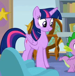 Size: 540x552 | Tagged: safe, screencap, spike, twilight sparkle, alicorn, dragon, pony, a horse shoe-in, g4, season 9, animated, awkward, cute, female, globe, male, mare, out of frame, school of friendship, starlight's office, twiabetes, twilight sparkle (alicorn), winged spike, wings