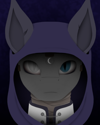 Size: 1080x1350 | Tagged: safe, artist:tiviyl, oc, bat pony, bandage, blind eye, bust, clothes, hood, looking at you, mask, moon, portrait, solo, torn ear