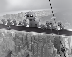 Size: 2280x1800 | Tagged: safe, artist:thebatfang, lyra heartstrings, pony, unicorn, g4, cable, city, climbing, construction, female, filly, foal, girder, l.u.l.s., lunch atop a skyscraper, mare, mlem, new york city, numget, numlet, offspring, precariously hanging, pulley, real life background, silly, tongue out