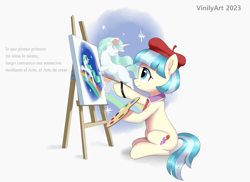 Size: 2856x2080 | Tagged: safe, artist:vinilyart, coco pommel, earth pony, pony, unicorn, g4, beret, easel, female, hat, high res, mare, paintbrush, painting, palette, signature, simple background, sitting, smiling, solo, spanish, translated in the comments, white background