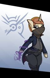 Size: 2099x3240 | Tagged: safe, artist:andelai, oc, oc only, oc:celice, unicorn, semi-anthro, arm hooves, clothes, costume, dishonored, face mask, female, high res, mask, solo