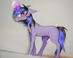 Size: 910x720 | Tagged: safe, artist:hysteriana, oc, oc:dark arreb, pony, unicorn, adult blank flank, awkward, blank flank, blushing, floppy ears, horn, magic, magic aura, male, old art, phone drawing, purple eyes, scar, smiling, stallion, traditional art, unicorn oc