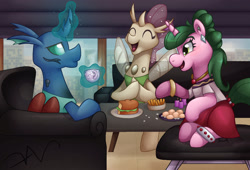Size: 2500x1700 | Tagged: safe, artist:swasfews, oc, oc only, changedling, changeling, pony, unicorn, candle, city, cityscape, couch, cup, egg, egg (food), food, french fries, sandwich, table, teacup, trio, window