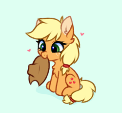 Size: 1524x1404 | Tagged: safe, artist:pesty_skillengton, applejack, earth pony, pony, g4, applejack's hat, chest fluff, chibi, cowboy hat, cute, ear fluff, female, freckles, full body, hat, heart, jackabetes, looking down, mare, mouth hold, nom, simple background, sitting, sketch, solo