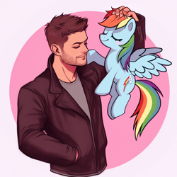 Size: 1024x1024 | Tagged: safe, ai assisted, ai content, artist:catachromatic, generator:dall-e 3, prompter:catachromatic, rainbow dash, human, pegasus, pony, g4, blushing, circle background, clothes, crossover, cute, daaaaaaaaaaaw, dean winchester, duo, duo male and female, eyes closed, female, flying, human on pony petting, jacket, leather, leather jacket, male, mare, paintover, petting, smiling, spread wings, supernatural, wings