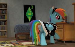 Size: 3103x1944 | Tagged: safe, artist:xafilah, rainbow dash, pegasus, pony, g4, 3d, bed, clothes, cute, dashabetes, dress, duster, female, gmod, maid, mare, mouth hold, rainbow dash always dresses in style, rainbow maid, solo, the sims, the sims 3