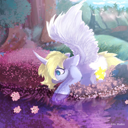 Size: 2756x2756 | Tagged: safe, artist:krissstudios, oc, oc only, alicorn, pony, alicorn oc, female, flower, forest, high res, horn, mare, river, solo, water, wings