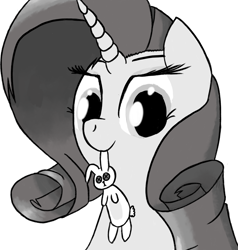 Size: 6654x7003 | Tagged: safe, artist:raritymylove, derpibooru exclusive, rarity, pony, unicorn, g4, black and white, female, grayscale, looking at you, mare, monochrome, mouth hold, plushie, simple background, solo, white background