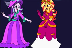 Size: 1135x766 | Tagged: safe, artist:artsymlp12, edit, rarity, starlight glimmer, sunset shimmer, human, equestria girls, g4, blue background, clothes, coronation dress, dress, gown, long dress, long skirt, possessed, possession, simple background, skirt