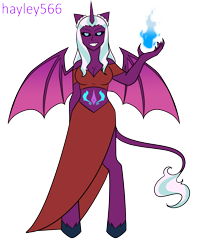 Size: 2134x2606 | Tagged: safe, artist:hayley566, opaline arcana, demon, satyr, g5, alicorn humanization, black sclera, clothes, eared humanization, evil smile, female, fire, grin, halloween, high res, holiday, horn, horned humanization, midriff, shirt, simple background, skirt, smiling, solo, tail, tailed humanization, tattoo, transparent background, unshorn fetlocks