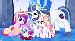 Size: 6489x3577 | Tagged: safe, artist:lovinglypromise, princess cadance, shining armor, oc, oc:charming wish, oc:crystal rose, oc:lovely promise, alicorn, pony, unicorn, g4, absurd resolution, baby, baby pony, beard, facial hair, female, filly, foal, lying down, not flurry heart, older, prone