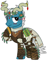 Size: 1665x2173 | Tagged: safe, artist:sketchmcreations, oc, oc only, oc:sketch mythos, earth pony, pony, alternate hair color, alternate hairstyle, boots, bracelet, cape, cloak, clothes, cosplay, costume, fake horns, gloves, headdress, hoof on chin, jewelry, looking away, male, missing accessory, nightmare night, shoes, simple background, stallion, the legend of zelda, the legend of zelda: tears of the kingdom, thinking, transparent background, vector, zonai
