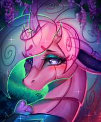 Size: 1500x1800 | Tagged: safe, artist:piiunivers, oc, oc only, changedling, changeling, pony, g4, blushing, branches, bust, commission, curved horn, cute, digital art, enchanted, eyelashes, eyeshadow, female, forest, grass, heart, horn, leaves, lidded eyes, looking at you, makeup, mare, portrait, purple eyes, shy, signature, solo, sparkles, sunlight, tree