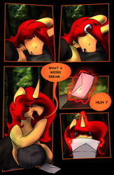Size: 2650x4075 | Tagged: safe, artist:sile-animus, oc, oc:sile, pony, unicorn, comic:the ghost mare-nsion in the woods, dialogue, envelope, explicit source, magic, male, outdoors, reading, sleeping, solo, stallion, text, waking up, yawn, you've got mail