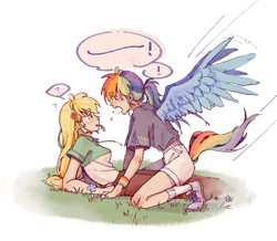 Size: 2677x2334 | Tagged: safe, artist:cloverieee, applejack, rainbow dash, human, equestria girls, g4, duo, female, high res, humanized, lesbian, looking at each other, looking at someone, lying down, open mouth, ship:appledash, shipping, simple background, sitting, tail, tailed humanization, white background, winged humanization, wings