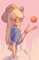 Size: 1200x1840 | Tagged: safe, artist:cloverieee, applejack, human, equestria girls, g4, apple, clothes, female, food, glasses, hat, looking back, skirt, smiling, smirk, solo