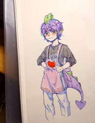 Size: 2136x2757 | Tagged: safe, artist:cloverieee, spike, human, g4, apron, blushing, clothes, high res, humanized, male, smiling, solo, spatula, tail, traditional art