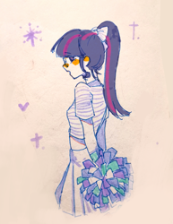 Size: 1953x2535 | Tagged: safe, artist:cloverieee, sci-twi, twilight sparkle, human, equestria girls, g4, cheerleader, cheerleader outfit, clothes, female, glasses, looking back, midriff, ponytail, side view, smiling, solo, traditional art