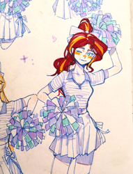 Size: 2081x2725 | Tagged: safe, artist:cloverieee, sunset shimmer, human, equestria girls, g4, cheerleader, cheerleader outfit, clothes, female, high res, one eye closed, ponytail, smiling, solo, traditional art, wink
