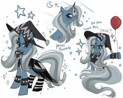 Size: 2048x1623 | Tagged: safe, artist:petaltwinkle, trixie, pony, unicorn, g4, balloon, bust, clothes, clown, eye clipping through hair, face paint, female, hat, hoof hold, horn, it, mare, simple background, socks, solo, sparkles, spiked wristband, striped socks, white background, witch hat, wristband