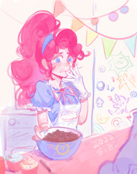 Size: 1200x1519 | Tagged: safe, artist:cloverieee, pinkie pie, human, equestria girls, g4, apron, clothes, cupcake, female, food, gloves, hairband, ponytail, solo, traditional art