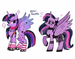 Size: 2048x1623 | Tagged: safe, artist:petaltwinkle, twilight sparkle, alicorn, pony, g4, altered cutie mark, choker, clothes, emo, female, heart, heart eyes, leg warmers, lidded eyes, mare, ribbon, see-through, see-through skirt, shoes, simple background, skirt, smiling, solo, spread wings, stars, twilight sparkle (alicorn), white background, wingding eyes, wings