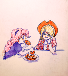 Size: 2374x2631 | Tagged: safe, artist:cloverieee, applejack, pinkie pie, human, equestria girls, g4, clothes, duo, eating, female, food, hat, high res, jacket, lofter, smiling, traditional art