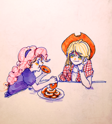 Size: 2374x2631 | Tagged: safe, artist:cloverieee, applejack, pinkie pie, human, equestria girls, g4, clothes, duo, eating, female, food, hat, high res, jacket, smiling, traditional art