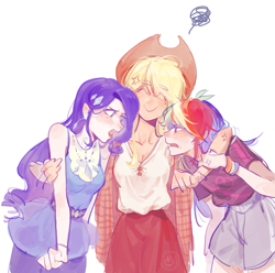Size: 2165x2149 | Tagged: safe, artist:cloverieee, applejack, rainbow dash, rarity, human, equestria girls, g4, angry, clothes, eyes closed, female, frown, hairpin, hat, high res, jewelry, lofter, looking at each other, looking at someone, necklace, open mouth, rarity peplum dress, shorts, simple background, skirt, smiling, trio, white background
