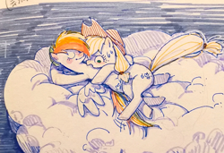 Size: 1510x1034 | Tagged: safe, artist:cloverieee, applejack, rainbow dash, earth pony, pegasus, pony, g4, cloud, duo, female, hat, hug, lofter, on a cloud, smiling, sweat, sweatdrop, traditional art