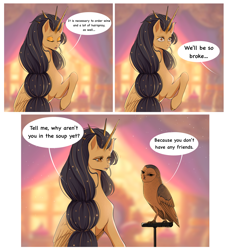 Size: 3424x3777 | Tagged: safe, artist:fridagloria, oc, oc only, oc:kalistas, oc:ro, alicorn, bird, owl, pony, comic, dialogue, duo, eyes closed, female, high res, mare, speech bubble