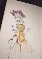Size: 2178x3010 | Tagged: safe, artist:cloverieee, applejack, human, equestria girls, g4, alcohol, clothes, dress, drink, female, freckles, hat, high res, sitting, solo, traditional art