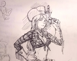 Size: 1200x939 | Tagged: safe, artist:cloverieee, applejack, human, equestria girls, g4, breasts, bust, female, freckles, gun, hat, midriff, monochrome, solo, traditional art, weapon