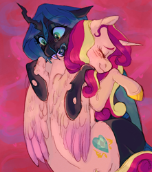 Size: 1500x1700 | Tagged: safe, artist:abbytabbys, princess cadance, queen chrysalis, alicorn, changeling, changeling queen, pony, g4, blushing, cute, duo, fangs, female, hug, lesbian, mandibles, ship:cadalis, shipping, wings
