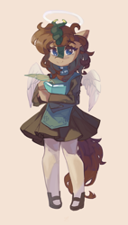 Size: 2617x4607 | Tagged: safe, artist:saxopi, oc, oc only, oc:ophiuchus, angel, kirin, semi-anthro, apron, arm hooves, beige background, blue eyes, book, clothes, colored horn, cute, dress, eyebrows, eyebrows visible through hair, feather, female, forked horn, halo, high res, hoof hold, hoof shoes, horn, jewelry, kirin oc, looking at you, mare, necklace, ocbetes, pearl necklace, scales, shoes, simple background, skirt, smiling, smiling at you, socks, solo, stockings, thigh highs, wings, writing