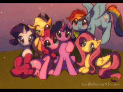 Size: 960x720 | Tagged: safe, artist:duvivi, applejack, fluttershy, pinkie pie, rainbow dash, rarity, twilight sparkle, alicorn, earth pony, pegasus, pony, unicorn, g4, the last problem, alone, animated, chinese, crown, death, eyes closed, female, grass, grass field, group, hoof shoes, jewelry, just like geoffrey, looking at you, looking up, mane six, mare, memories, older, older twilight, older twilight sparkle (alicorn), princess twilight 2.0, regalia, sitting, smiling, song, sound, text, tired, tired eyes, twilight sparkle (alicorn), unicorn twilight, webm