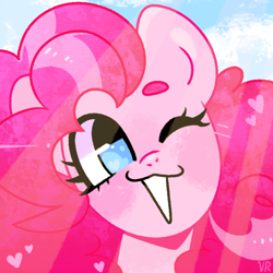 Size: 1000x1000 | Tagged: safe, artist:vivian reed, pinkie pie, earth pony, pony, g4, beanbrows, bust, close-up, crepuscular rays, cute, diapinkes, eyebrows, female, grin, heart, heart eyes, looking at you, mare, one eye closed, open mouth, open smile, portrait, smiling, smiling at you, solo, wingding eyes, wink, winking at you